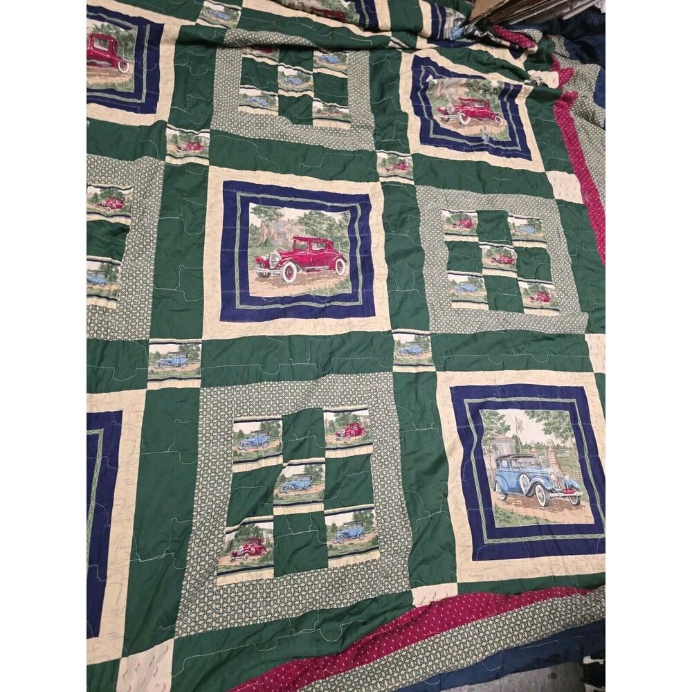 Vintage Car Cross Stitch 88x88 Homemade 1996 Has IMPERFECTIONS
